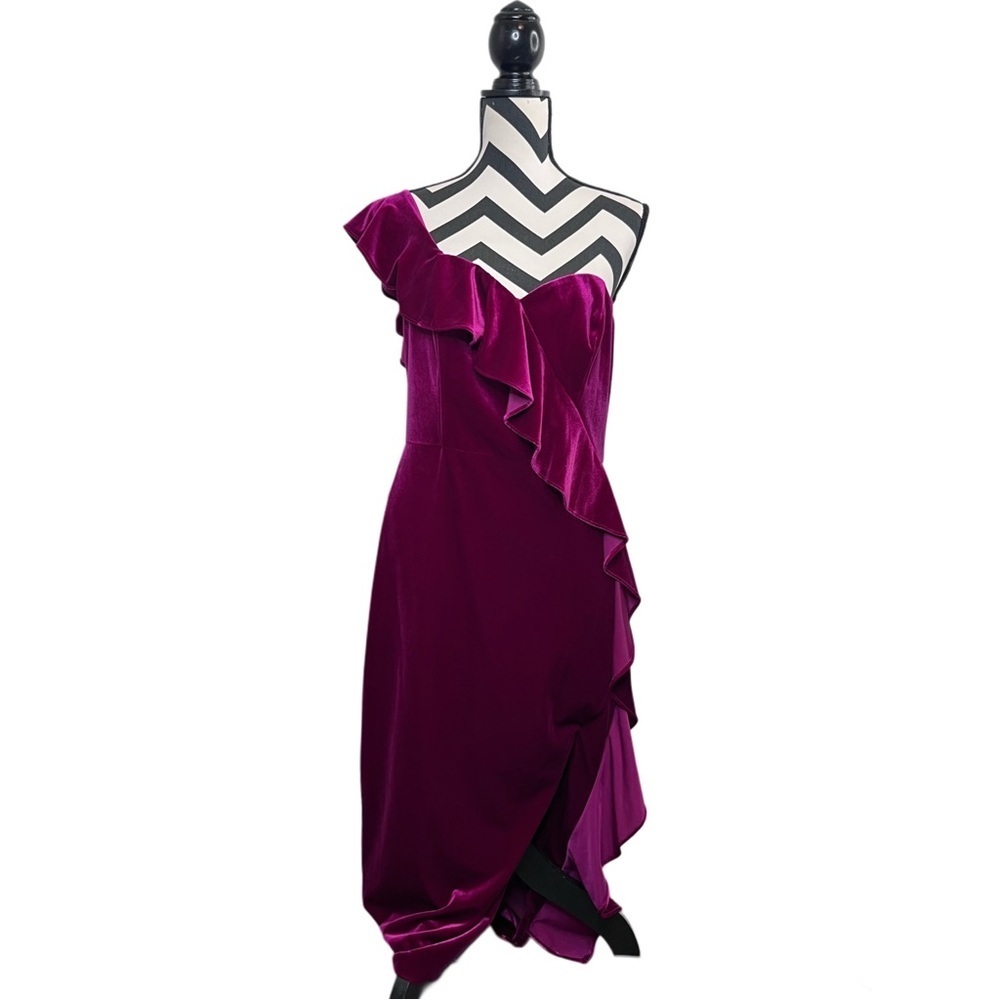 Aidan Mattox Velvet One-Shoulder Romantic Evening Ruffle Dress Sz 10
